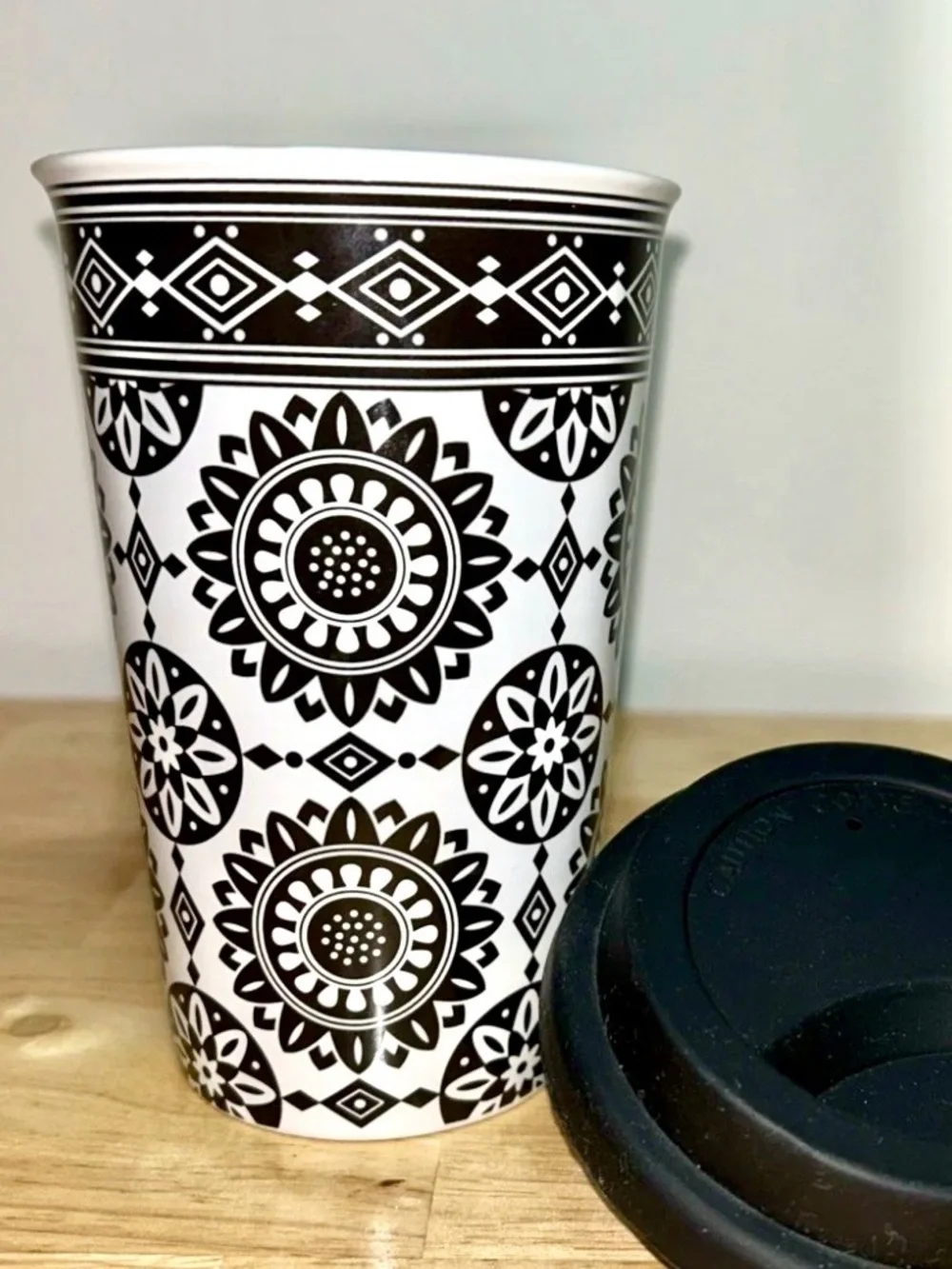 Longaberger Black Medallion Ceramic Travel Mug - 10oz Double-Walled Insulated